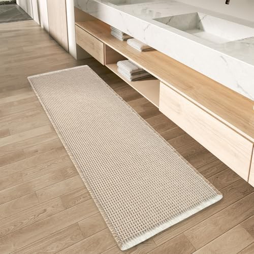 AMOAMI Upgraded Waffle Runner Rug Super Absorbent Non Slip Bath Mats for Bathroom Machine Washable Bathroom Runner Rug with Tassels, Ideal for Hallway Bedroom Laundry Room, 2' x 6', Brown & Cream