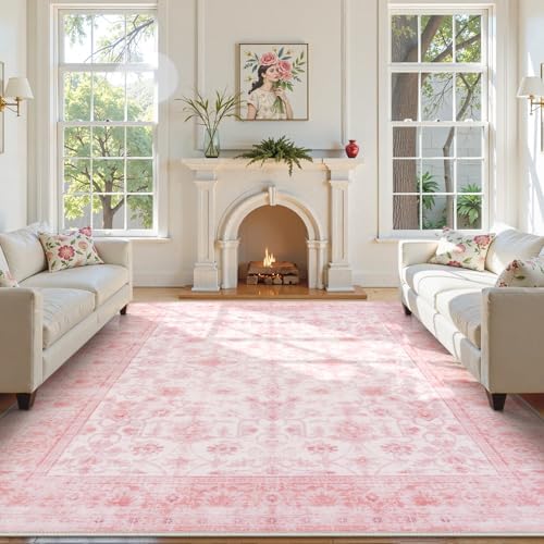 LIVEBOX 8x10 Pink Area Rug for Living Room, Vintage Soft Washable Bedroom Area Rugs, Non-Slip Foldable Floral Rug, Indoor Carpet for Dining Room Nursery Dorm Home Decor