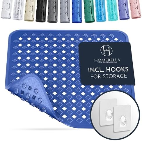 Homerella Anti Slip Shower Mat | Anti Mold Non Slip Bathtub Mat for Inside Shower | Square Floor Shower Mat 21 x 21 inch with Suction Cups for Grip & Hooks Hanging and Quick Drying | Machine Washable