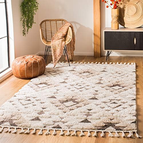 SAFAVIEH Moroccan Tassel Shag Collection Area Rug - 6'7" x 9'2", Ivory & Brown, Boho Design, Non-Shedding & Easy Care, 2-inch Thick Ideal for High Traffic Areas in Living Room, Bedroom (MTS688A)