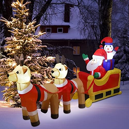 8ft Long Christmas Inflatable Santa Claus & Snowman on Sleigh with Reindeers, Xmas Blow up Yard Decorations with Built-in LED Lights for Outdoor Garden Lawn Xmas Holiday Decor
