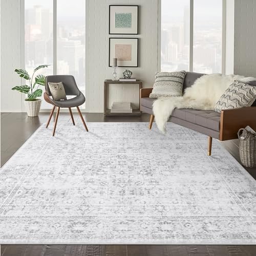 LIVEBOX Traditional Rug 9x12 - Large Gray Vintage Rug for Living Room, Washable Soft Floral Carpet Anti-Skid Thin Neutral Rugs for Office Bedroom Dining Room, Silverygray
