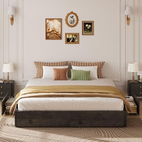 LIKIMIO King Bed Frame with Storage, 4 Drawers and Heavy Strong Metal Support Frames, Solid Stable, Noise-Free, No Box Spring Needed, Easy Assembly, Charcoal Grey