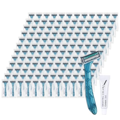 Disposable Razors Bulk, Blue Razors Individually Wrapped Bulk, With Shaving Cream For Hotels, Shelters, Homeless, Nursing Homes, Charities, Churches (100-PACK)