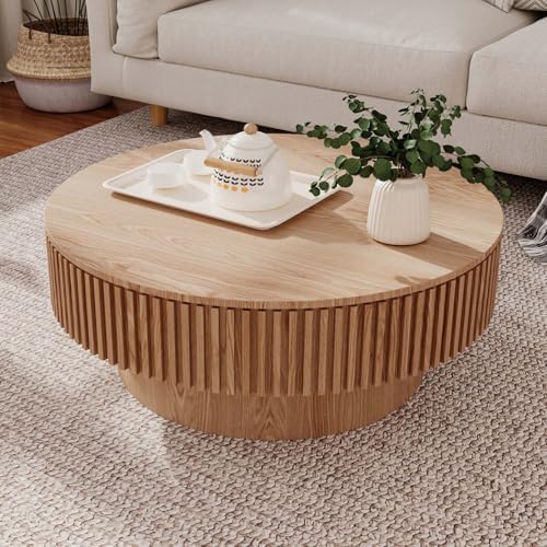 Round Coffee Table with Storage, Modern Wooden Coffee Table with Solid Wood Veneered, Circle Center Table Accent Tea Table for Living Room Apartment Small Space (31.5''L × 31.5''W × 14''H, Natural)
