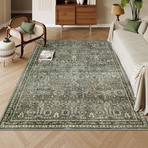 Lahome Sage Green Area Rug 6x9, Machine Washable Rugs for Living Room, Boho Vintage Soft Bedroom Carpet for Dining Room Nursery Apartment Office, Dark Green