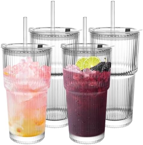 Ribbed Drinking Glasses,with Lids and Straws Glass Cup,19oz Glass cup,4 Pack Old Fashioned Glasses,Thickened for iced coffees,cocktails and juices, perfect for families and parties (4)