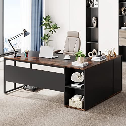Tribesigns 71 inch Executive Desk, L Shaped Desk with Cabinet Storage, Executive Office Desk with Shelves, Business Furniture Workstation for Home Office, Brown and Black