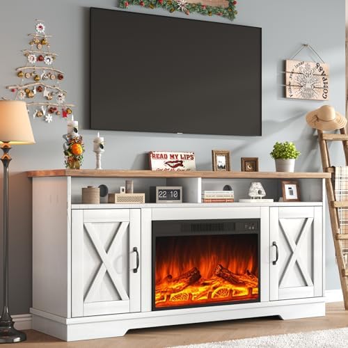 AMERLIFE 63" Farmhouse TV Stand with 26" Fireplace, for TVs up to 73", Media Entertainment Center with Adjustable Shelf & Barn Doors, Rustic TV Console Cabinet for Living Room, Rustic Oak & White