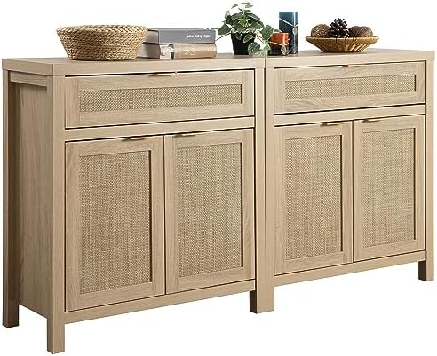 SICOTAS Sideboard Buffet Storage Cabinet Set of 2, Rattan Credenza Buffet Table, Boho Console Accent Cabinet with Doors and Drawer, Coffee Bar Cabinets for Kitchen Entryway Living Room, Natural