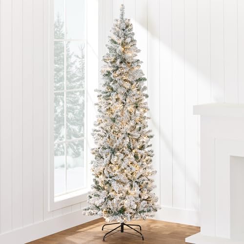 Best Choice Products Flocked Pencil Christmas Tree, Pre-Lit Slim Artificial Holiday Decoration, 7.5ft Lighted Skinny w/Base, Warm White Lights