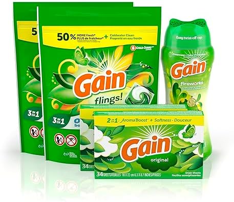 Gain Laundry Bundle: Flings Detergent Pacs (2x31ct), Dryer Sheets (2x34ct), Fireworks Scent Booster Beads (12.2 oz)