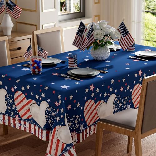 Stripe Stars Love Heart America Patriotic 4th of July Memorial Day Independence Day Tablecloth Rectangle Washable Table Covers for Home Party Decorations 60x84 Inch