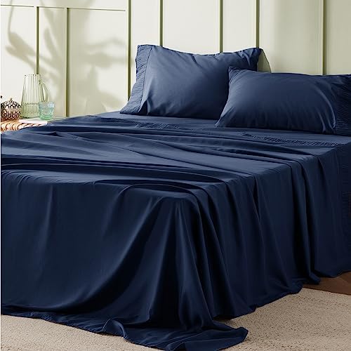 Bedsure California King Sheets Navy - Soft Sheets for California King Size Bed, 4 Pieces Hotel Luxury California King Sheet Sets, Easy Care Polyester Microfiber Cooling Bed Sheet Set