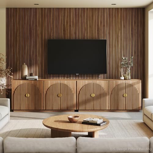 BELLEZE Set of 2 Fluted Buffet Cabinet with Storage, 65 Inch Symmetrical Arc Accent Sideboard Large Console Table for Dining Room, Kitchen, and Living Room (Caramel Brown)