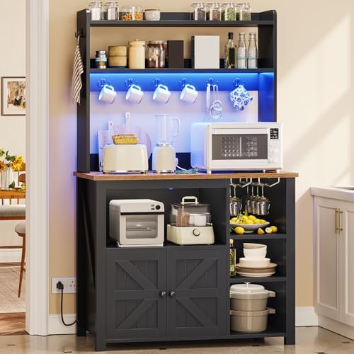 Itaar 35.4 inch Coffee Bar Cabinet, Bakers Rack with Power Outlet and Storage, Farmhouse Microwave Stand Kitchen Cabinet with Hutch, LED Lights, Wine Glass Holder and 8 Hooks, Black