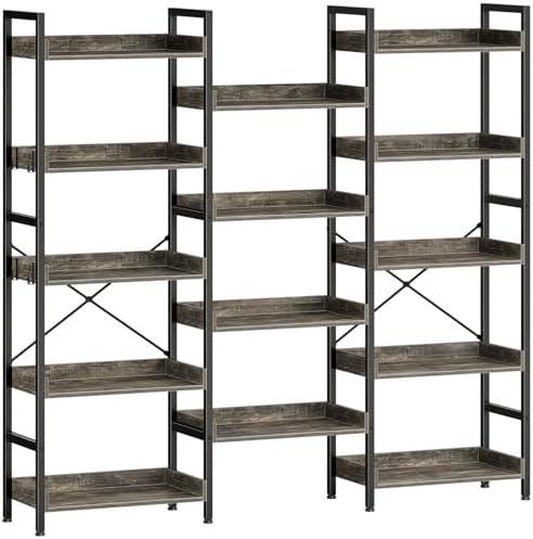Rolanstar Bookshelf 5 Tiers, Triple Bookcase with Open Display Shelves, Industrial Wide Bookshelf with Metal Frame for Living Room, Office, Grey