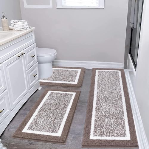Pauwer Bathroom Rug Mat Set 3 Piece, Microfiber Shaggy Bath Set, Non-Slip Ultra Soft Carpet Mats, Absorbent with U-Shaped Toilet for Bathroom, Tub, Shower, Coffee