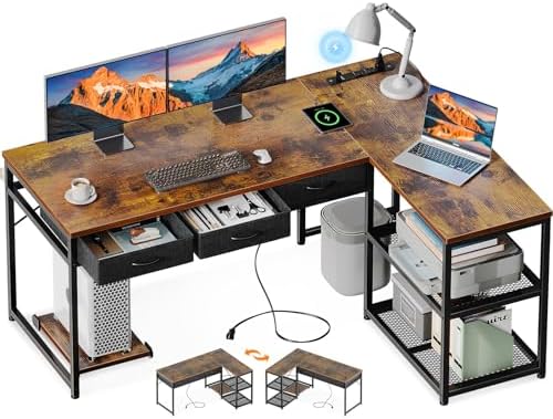 AODK 53 Inch L Shaped Computer Desk with Drawers, Corner Desk with Power Outlets & Reversible Storage Shelves, Movable CPU Stand for Home Office Gaming, Vintage