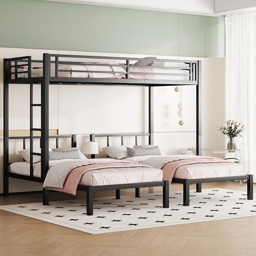 Twin Size Triple Bunk Bed for 3 Kids, Heavy Duty Metal Triple Bunk Bed with Safety Fence, Heavy Duty Triple Beds for Kids, Teens, Black