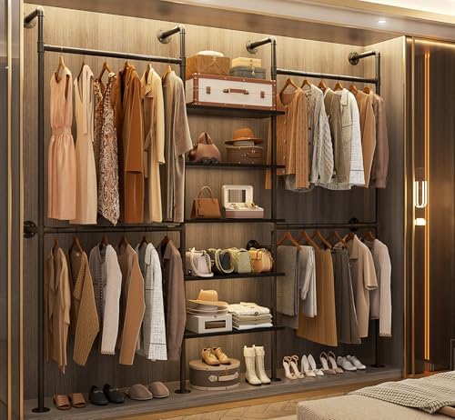 Aheaplus Industrial Pipe Clothing Rack, Reversible 6.42FT Clothes Rack for Hanging Clothes, Heavy Duty 5-Tier Closet Wardrobe Garment Racks with Shelves, Corner Closet Organizer System, Black