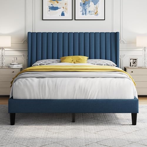Yaheetech Queen Bed Frame Upholstered Platform Bed with Fabric Headboard, Wing Edge Design/Non-Slip and Noise-Free/Wooden Slats Support/No Box Spring Needed/Easy Assembly, Navy Blue Queen Bed