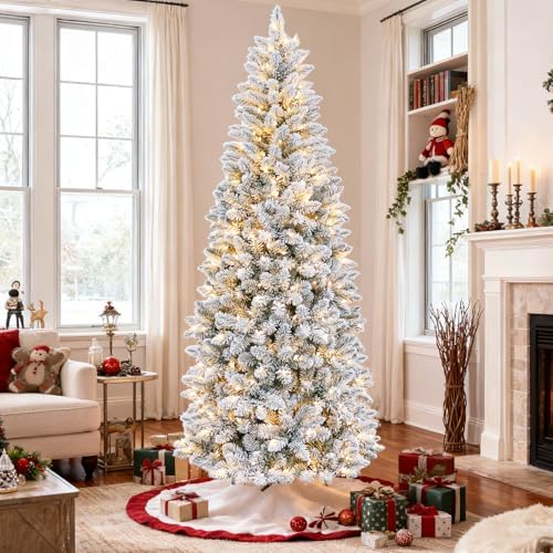 Hykolity 6 ft Prelit Snow Flocked Pencil Slim Christmas Tree, 544 PVC Branch Tips, 200 Color Changing LED Lights, Metal Stand and Hinged Branches, 10 Color Modes