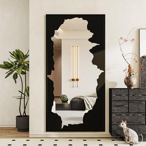 Full-Length Mirror Free Standing Leaning Mirror with Artistic Black Abstract Overlay Deco, 55"x28" Shatterproof Wall-Mounted Mirror, Perfect for Living Room, Bedroom, Cloakroom, and Bathroom Decor