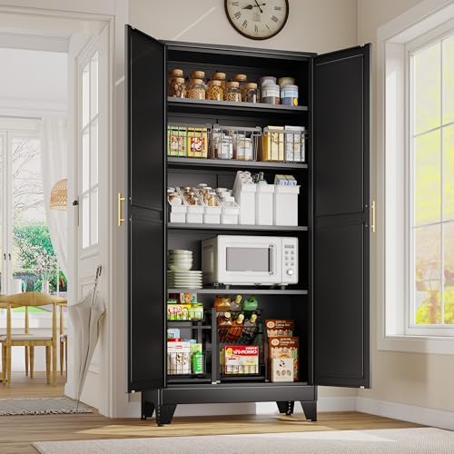 71" Tall Metal Storage Cabinet with 2 Doors and 4 Adjustable Shelves, Kitchen Pantry Cabinet Black Freestanding Cupboard, 5 Tier Multifunctional Steel Storage for Office, Kitchen, Dining Room