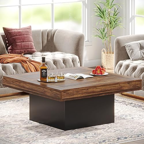 Tribesigns Coffee Table Square LED Coffee Table Engineered Wood Low Center Cocktail Tables for Living Room (Rustic Brown+Black)