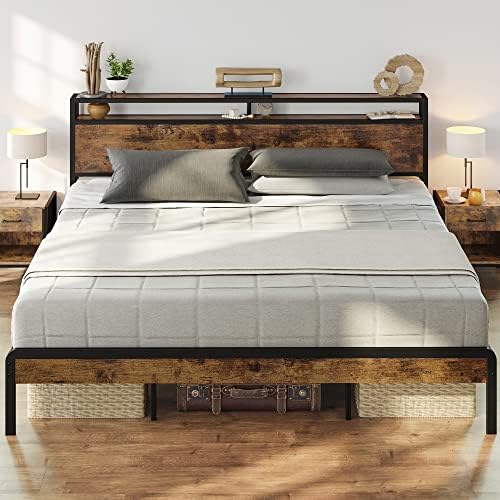 LIKIMIO King Size Bed Frame, Platform Bed with 2-Tier Storage Headboard, Solid and Stable, Noise Free, No Box Spring Needed, Easy Assembly, Vintage Brown
