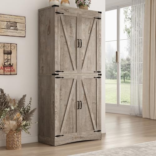 71" Tall Kitchen Pantry,Farmhouse Storage Cabinet with Adjustable Shelves,Load-Bearing Steel Pipe,Farmhouse Pantry Cabinet with 4 Barn Doors,for Kitchen,Dining Room,Living Room(Light Rustic Oak)