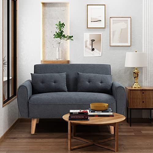 Shintenchi Small Modern Loveseat Couch Sofa, Mid Century Fabric Upholstered 2-Seat Sofa Couch Love Seats Furniture for Small Space, Dark Grey