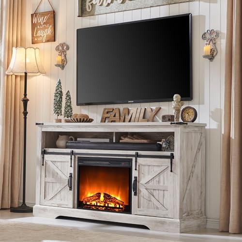 OKD Fireplace TV Stand for 65+ Inch TV, 33" Tall Highboy Farmhouse Entertainment Center w/ 23'' Electric Fireplace, Rustic Media Console w/Sliding Barn Door for Living Room, Antique Brush White