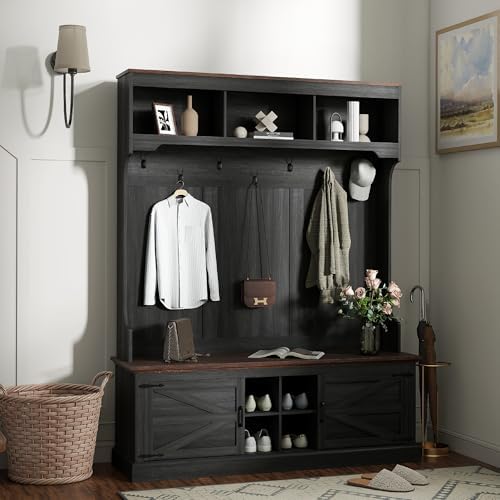 HOMCOM 3-in-1 Hall Tree with Storage, Farmhouse Coat Rack with Bench, Standing Shoe Rack with Seven Hooks for Entryway, Black Wood Grain