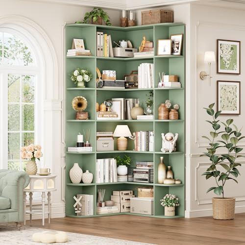 FOTOSOK 74†Tall Corner Bookshelf, 6-Tier Bookshelf and Bookcase with Open Storage, Tall Bookcases Wooden Storage Shelves for Home Office, Thickened Boards for Better Load Bearing, Green