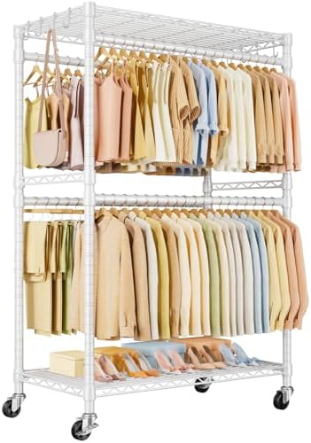 P4 Plus Rolling Clothes Rack Heavy Duty, Clothing Racks for Hanging Clothes, Free Standing Garment Racks with Wheels, Portable Closet Rack 45''W × 20.5''D × 80.5''H, Max Load 570 Lbs, White
