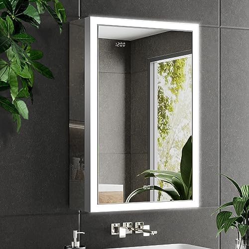 LED Medicine Cabinet with Mirror, 24x32 Surface or Recessed Lighted Medicine Cabinet with Mirror, Dimmable Fogless Aluminum Medicine Cabinet with Outlet, Time Display& Built-in Sensing Light