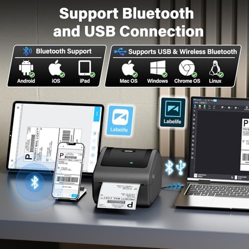 Bluetooth Thermal Label Printer 4x6, D450BT Shipping Label Printer for Small Business - Compatible with Android, iOS, Windows and Mac, Widely Used for Amazon, Ebay, Etsy, Shopify, USPS, UPS