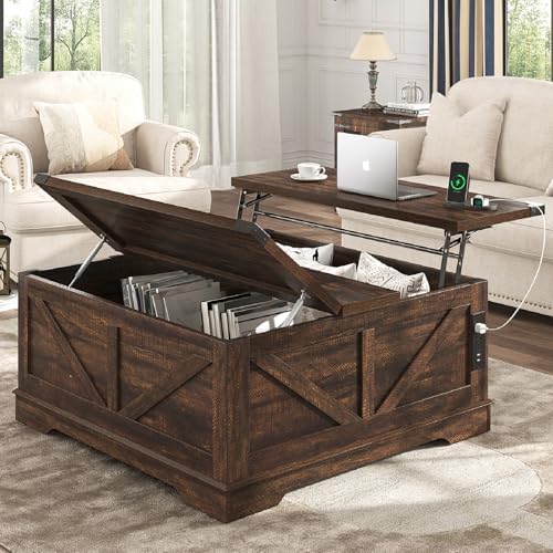 40β Large Farmhouse Lift Top Coffee Table with Power Outlets and Large Hidden Storage, Square Wood Living Room Tables, Multi-Function Lift Wooden Barn Door Center Table, Brown