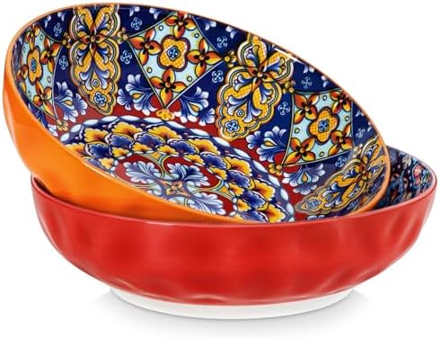 vancasso Large Serving Bowls, 78 Oz Extra Large Salad Bowls Set of 2, Bohemian Decorative Bowls for Salad, Fruit, Pasta and Dinner, Serving Dishes Set for Party, Dishwasher & Microwave Safe-Red