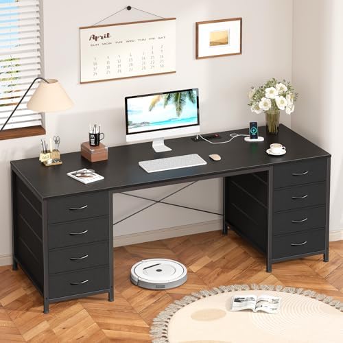 60 Inch Computer Desk with 8 Drawers, Home Office Desk with Power Outlets, Work Study Gaming Desk with 8 Fabric Drawers, Black