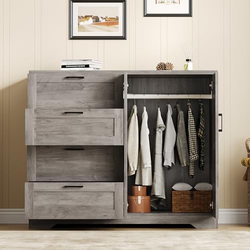 IDEALHOUSE 43.3'' H Armoire Wardrobe Closet with 4 Drawers and 2 Doors, Hanging Rod, Multifunctional Wooden Dresser with Storage Closet, Bathroom Cabinet for Bedroom, Gray