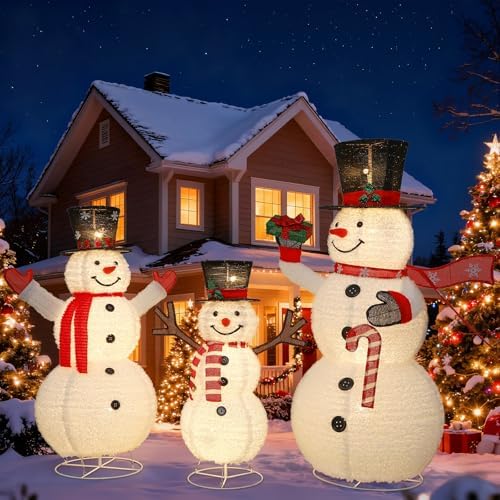Alupssuc 3/4/5 ft Pop-Up Snowman Family, Large 3D Outdoor Collapsible Decor with Warm-White Lights and Snow Velvet Appearance, Perfect for Outdoor Christmas Decorations Holiday Garden Yard Decor