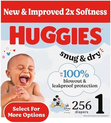 Huggies Size 1 Diapers, Snug & Dry Newborn Diapers, Size 1 (8-14 lbs), 256 Count (4 Packs of 64), Packaging May Vary