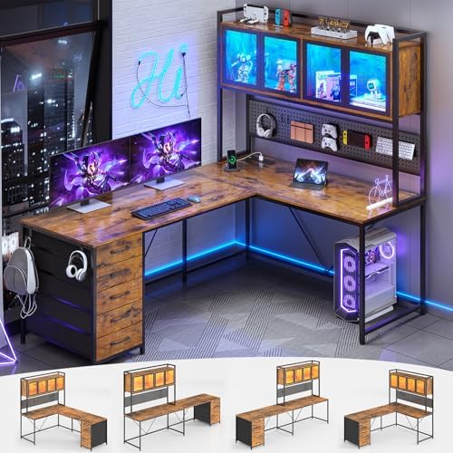 SEDETA L Shaped Gaming Desk with Drawers, L Shaped Computer Desk with Hutch and Storage Shelves, Gaming Desk with Pegboard, Led Lights, and Power Outlet, Home Office Desk, Corner Desk, Rustic Brown