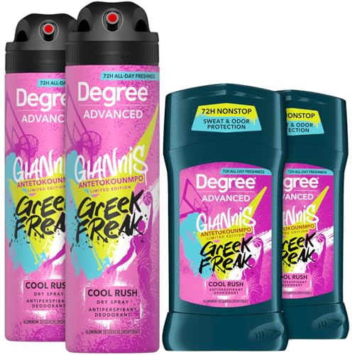 Degree Men’s Antiperspirant Deodorant, Cool Rush, Stick & Dry Spray Bundle – Giannis Antetokounmpo “Greek Freak” Limited Edition, 72H Sweat & Odor Protection (4 Piece Set)