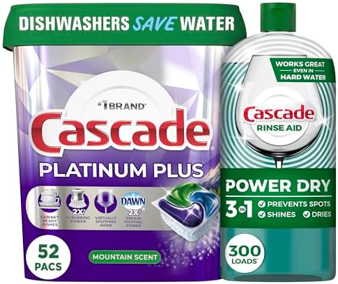 Bundle of Cascade Platinum Plus ActionPacs Dishwasher Detergent Pods, Mountain, 52 Count + Cascade Rinse Aid Platinum, Regular Scent, 30.5 oz