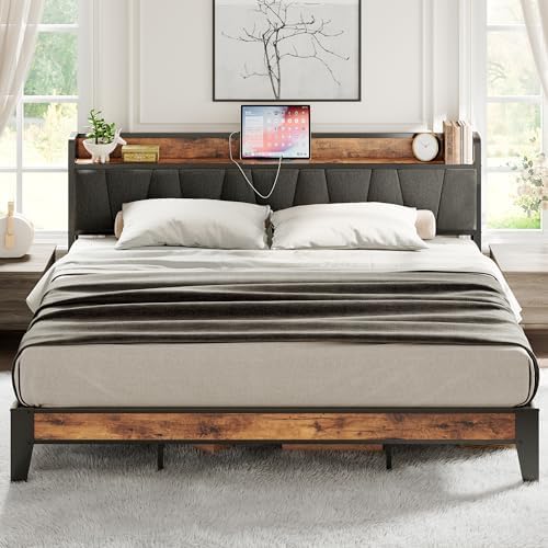 LIKIMIO King Size Bed Frame, Storage Headboard with Charging Station, Solid and Stable, Noise Free, No Box Spring Needed, Easy Assembly