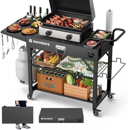 Outdoor Grill Cart, 440lbs Outdoor Grill Table, 31x17 inch Blackstone Griddle Stand, Portable Folding Cart with Wheels, 2-Tier Storage Rack & Side Storage Box (Black)
